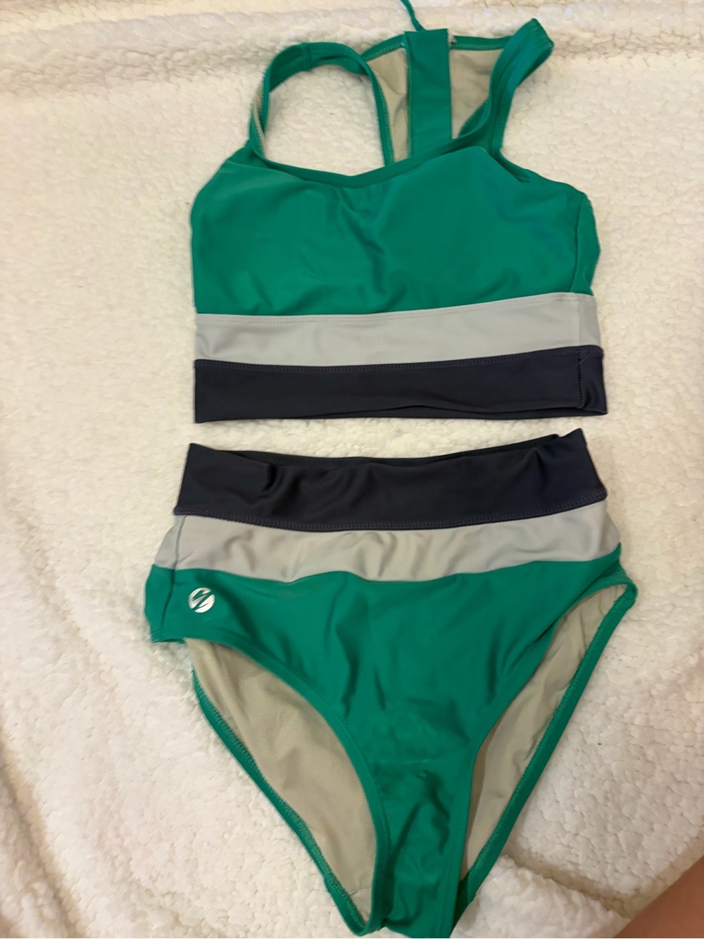 Colorblock Emerald Green Tankini Set with Gray and Navy Bands